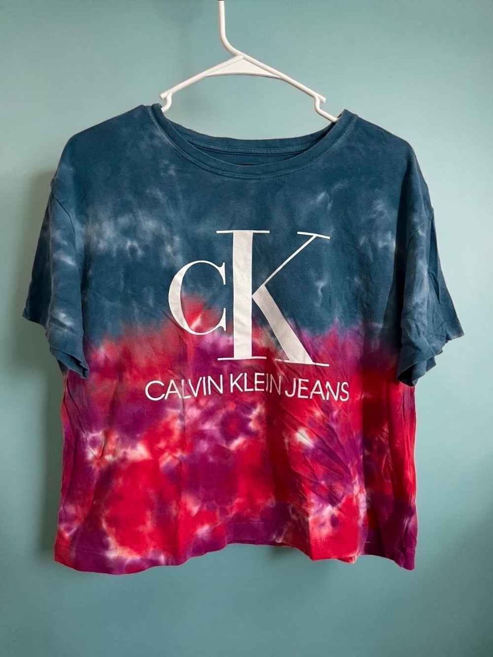 Calvin Klein Tie-Dye Logo Tee in Blue and Pink